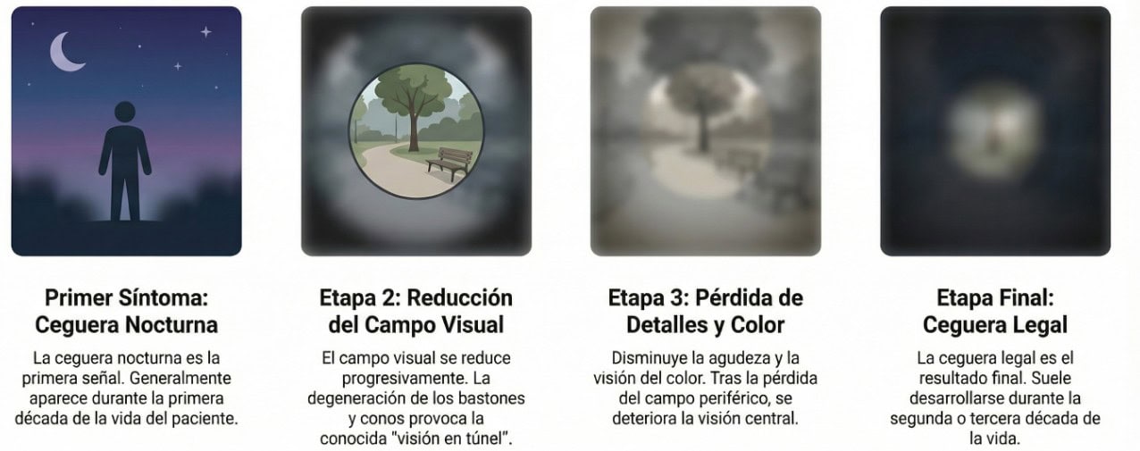 El Síndrome de Bardet causa una degeneración progresiva de la retina similar a la Retinosis Pigmentaria siguiendo un patrón predecible: Ceguera nocturna, reducción del campo visual, pérdida de detalles y color, y ceguera legal.