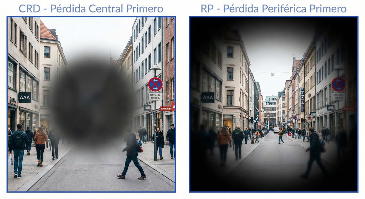 Il·lustració comparativa que mostra la diferència entre CRD i RP: la Distròfia de Cons i Bastons afecta primer la visió central causant pèrdua de detall i color al centre del camp visual, mentre que la Retinosi Pigmentària afecta primer la perifèria causant visió en túnel i ceguesa nocturna