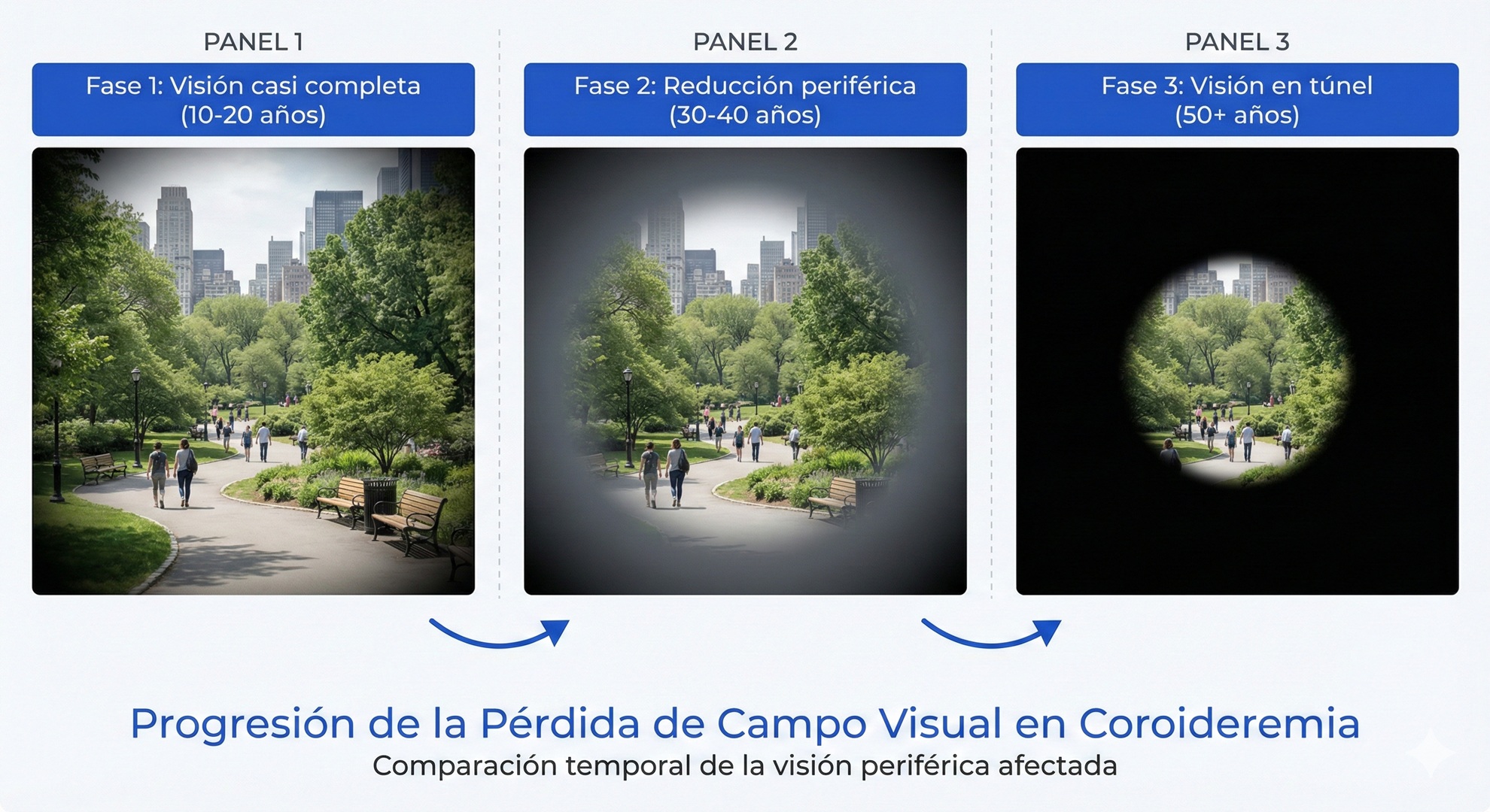 Infografia que mostra la progressió temporal de la pèrdua de camp visual en la coroiderèmia en tres fases: visió gairebé completa en la fase inicial (10-20 anys), reducció perifèrica significativa en la fase intermèdia (30-40 anys) i visió en túnel marcada en la fase avançada (50+ anys).