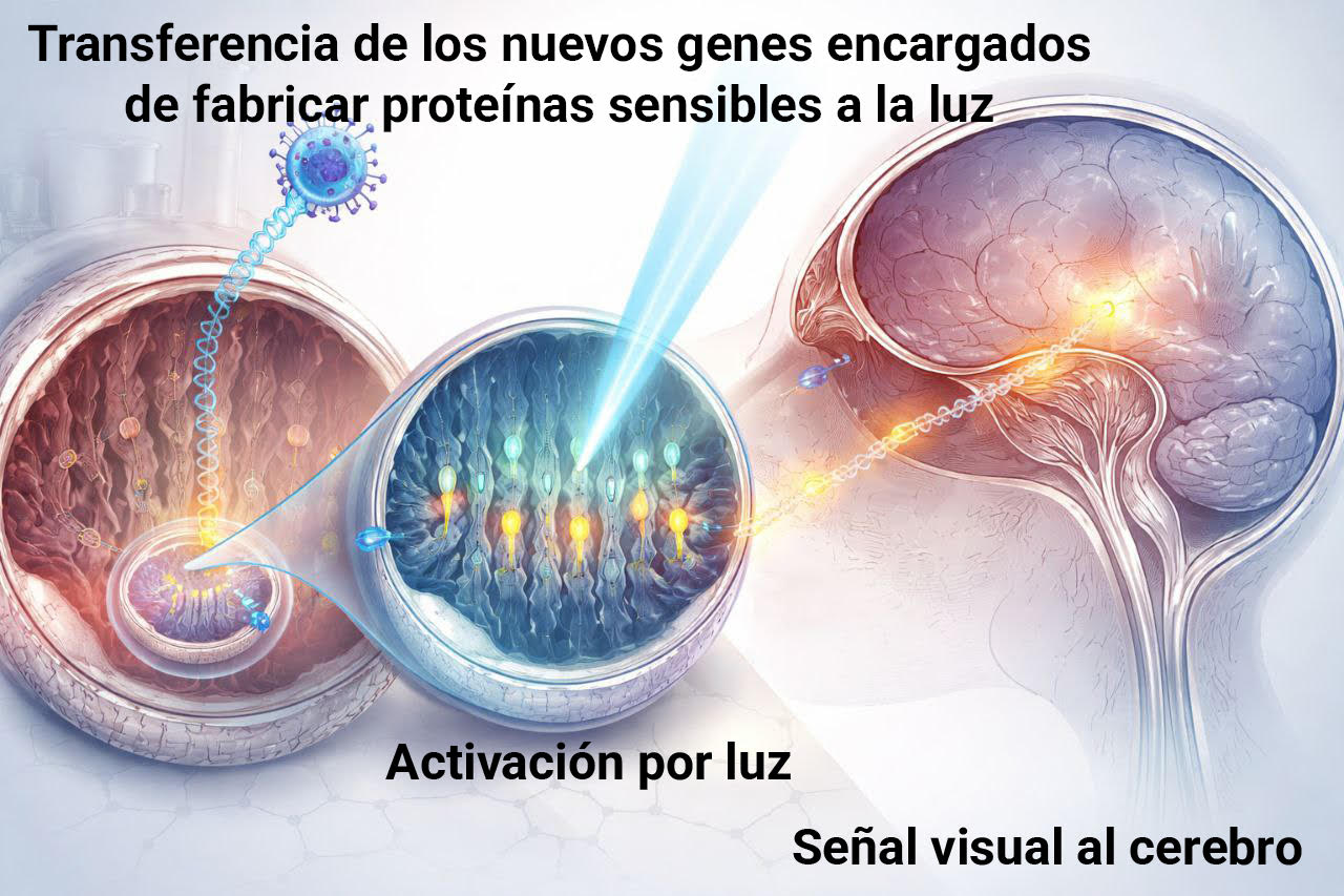 Ilustración sobre optogenética aplicada a las distrofias hereditarias de retina: representación visual de la técnica que combina genética y luz para restaurar la capacidad de las células retinianas de detectar señales luminosas.