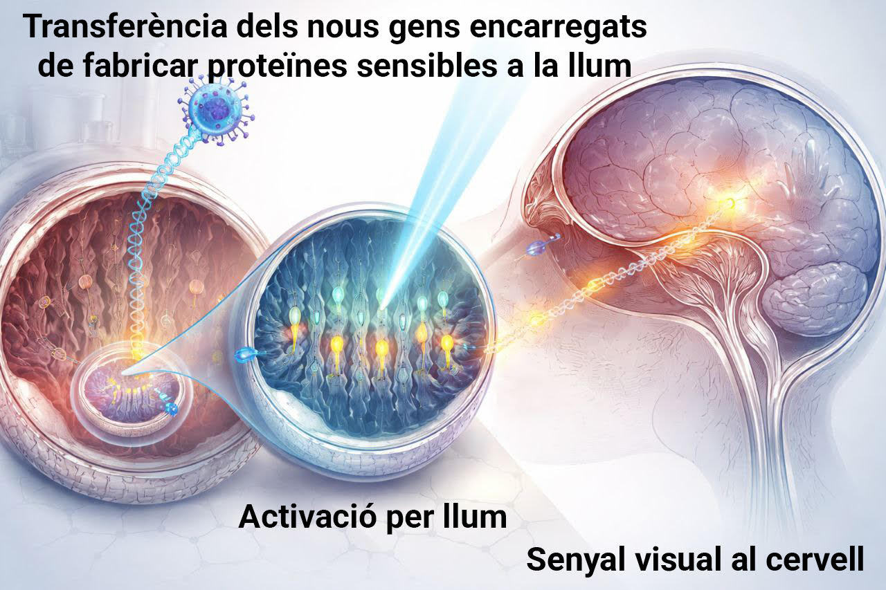 Il·lustració sobre optogenètica aplicada a les distròfies hereditàries de retina: representació visual de la tècnica que combina genètica i llum per restaurar la capacitat de les cèl·lules retinianes de detectar senyals lluminosos.