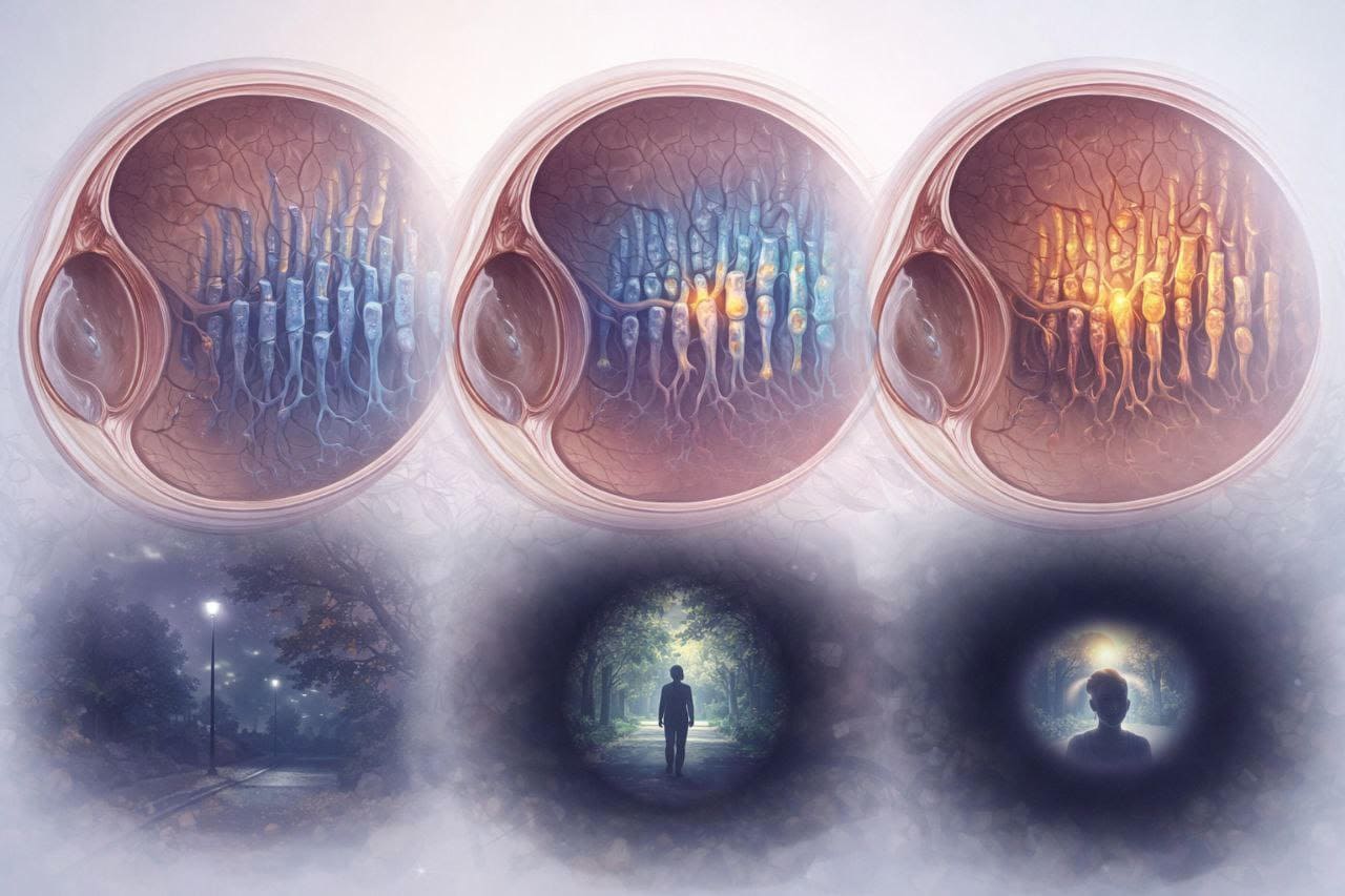 Il·lustració educativa sobre la retinosi pigmentària: comparativa entre una visió normal i la pèrdua progressiva del camp visual perifèric característica d'aquesta distròfia hereditària de la retina.