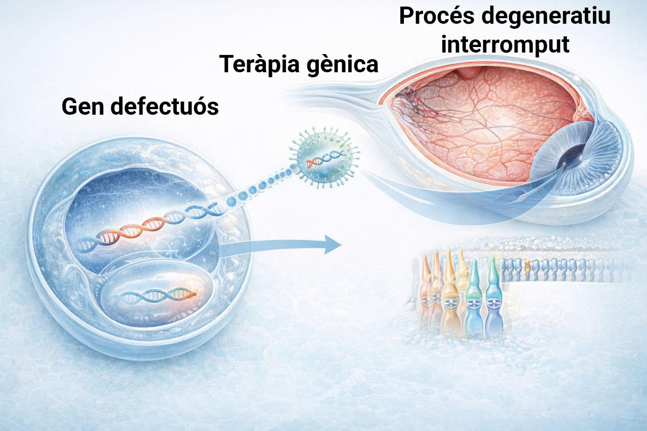 Infografia il·lustrativa del funcionament de la teràpia gènica pas a pas: des de la identificació del gen defectuós fins a la seva correcció en les cèl·lules de la retina